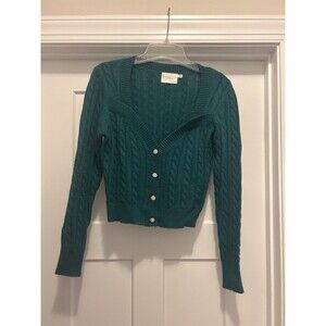 Lush Cable Knit Green Button Front Cropped Cardigan Sweater Size Small Holiday